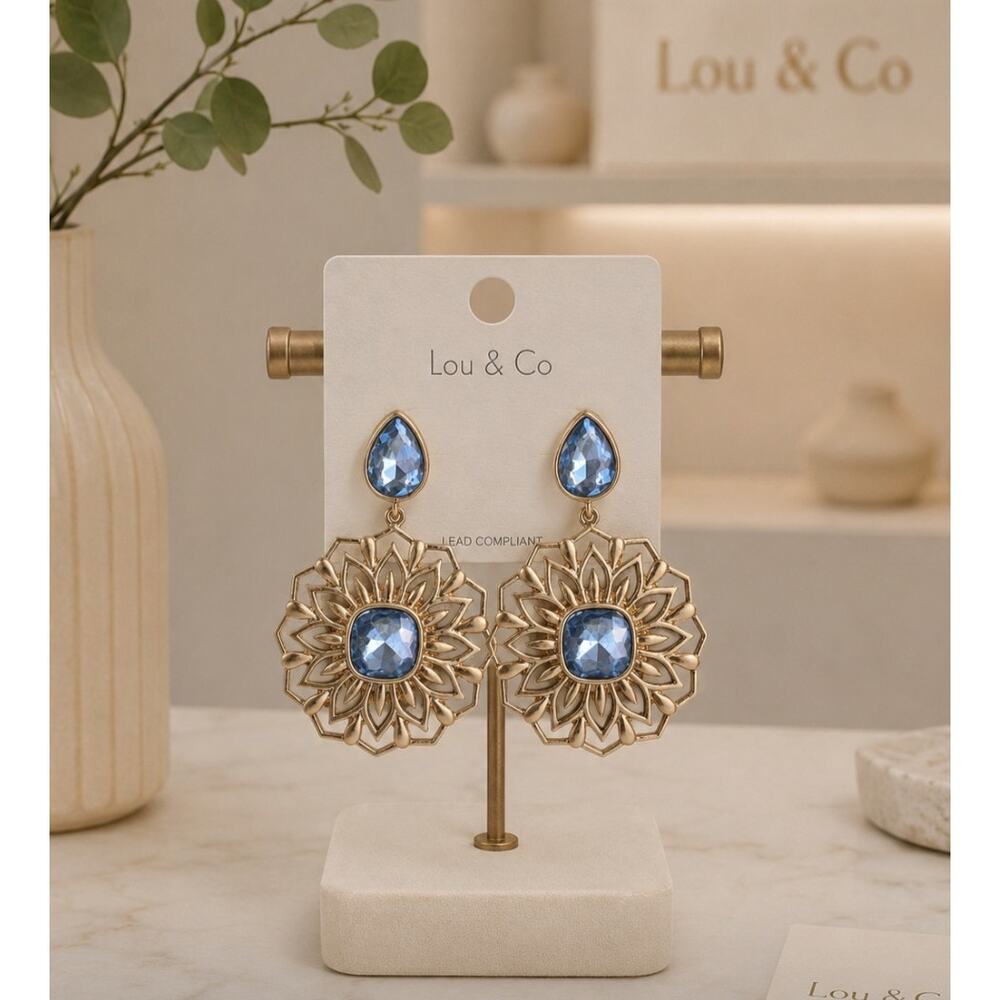 Lou & Co Gold Blue Stone Round Earrings New